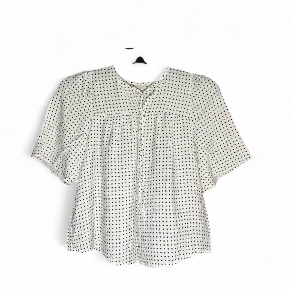 White and Black Balloon Sleeve Ivory Polkadot Crepe Blouse